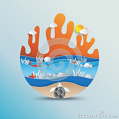 World oceans day concept design with paper art style. Vector Illustration