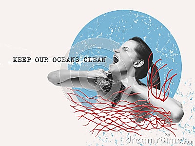 World oceans day, World Environment Day, Earth day, World Maritime Day concept. Screaming woman tearing suffocating Stock Photo