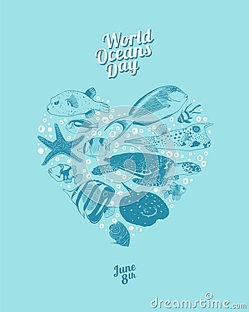 World Oceans Day. June 8th. Heart of sea animals Vector Illustration