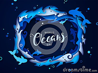 World Oceans Day, paper art. Origami of sea waves Vector Illustration