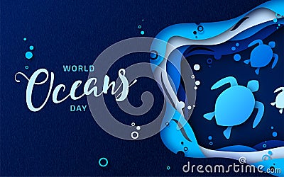 World Oceans Day paper art. Seascape with turtles Vector Illustration