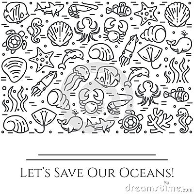 World oceans day theme black and white banner - pictograms of fish, shell, shark, dolphin, turtle and other sea creatures related Vector Illustration