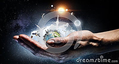 This world in our hands . Mixed media Stock Photo