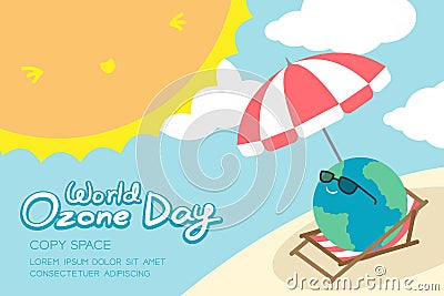 World Ozone Day 16 September horizon Banner set, Global warming concept smile earth with sunglasses, umbrella, chair, beach, sun, Vector Illustration