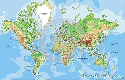 Highly detailed physical World map with labeling. Vector illustration. Vector Illustration