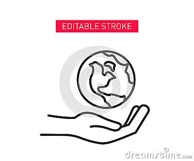 World planet icon Hand holding globe line icon. Protection symbol. Ecology care and eco friendly concept. World planet icon Vector Illustration