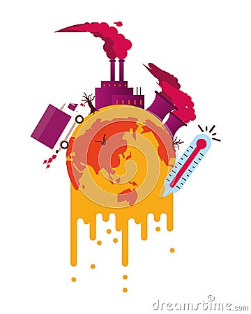 World planet melting global warming with pollution icons Vector Illustration