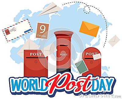 World Post Day word banner on world map Vector Illustration