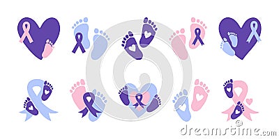 World Prematurity Day set. Purple awareness ribbon. Prematurity Month sign symbol. Baby feet, awareness ribbon, heart Vector Illustration