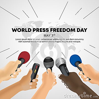 World press freedom day background with hands of reporters are holding recorder Vector Illustration