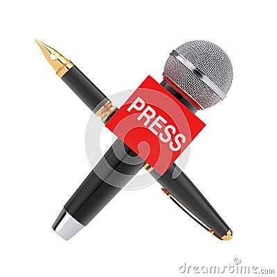 World Press Freedom Day Concept. Golden Fountain Writing Pen with Press Microphone. 3d Rendering Stock Photo