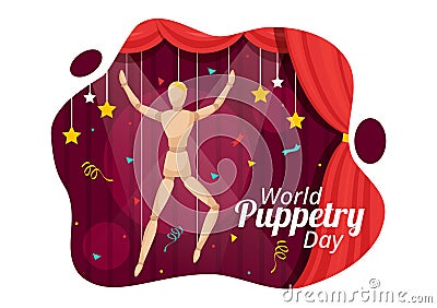 World Puppetry Day Vector Illustration on March 21 for Puppet Festivals which is moved by the Fingers Hands in Flat Kids Cartoon Vector Illustration