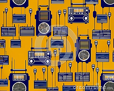 World Radio Day AI illustration vector type of radio receivers and microphones forming a repetitive pattern in yellow and blue Cartoon Illustration