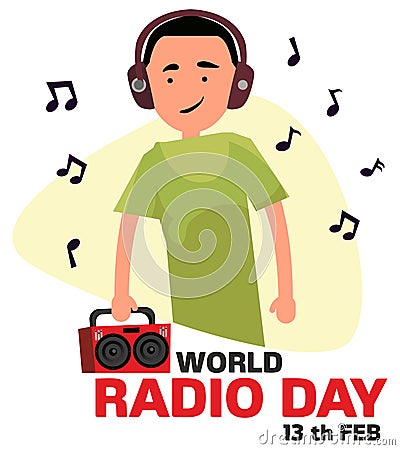 World radio day. The guy listens to the radio in headphones vector illustration Vector Illustration