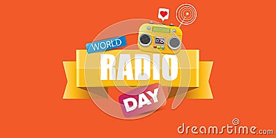 World radio day horizontal banner with vintage old orange cassette stereo player isolated on orange background. Cartoon Vector Illustration