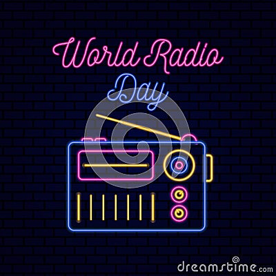 World Radio Day neon style effect poster background design vector illustration Cartoon Illustration