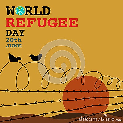 World refugee day with flowe at refugee camp fence hand drawn cartoon vector Vector Illustration