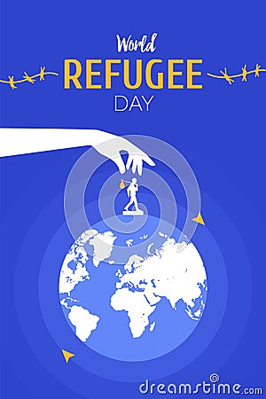 World Refugee Day on June 20 vertical poster template. Hand moving man silhouette around the globe. Vector Illustration