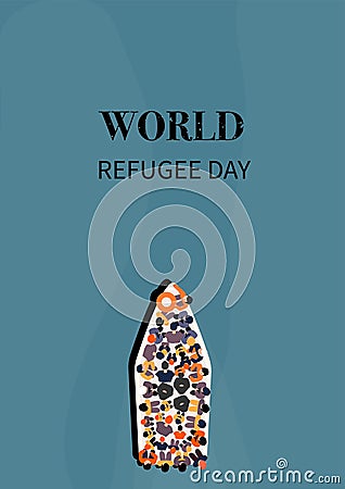 World refugee day or migrants day Concept. immigration or refugee help. arrived on Lesvos in inflatable dinghy boats they stay Vector Illustration