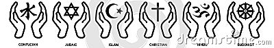 World religion hands symbols - Christianity, Islam, Hinduism, Confucian, Buddhism and Judaism, with English labeling. Illustration Vector Illustration