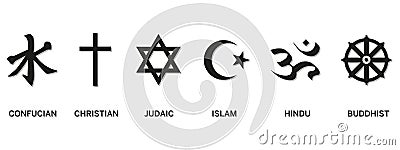 World religion symbols - Christianity, Islam, Hinduism, Confucian, Buddhism and Judaism, with English labeling. Illustration. Vector Illustration