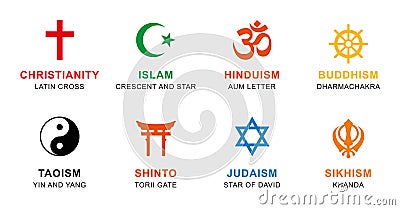 World religion symbols colored with English labeling Vector Illustration