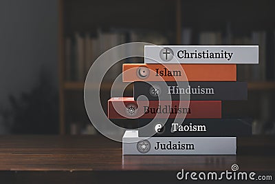 World religion symbols with english labeling on book cover. Signs of major religious groups and religions. Christianity, Islam, Stock Photo