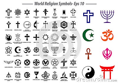 World religion symbols signs of major religious groups and other religions isolated. Vector Illustration