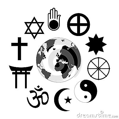 World Religions Planet Earth Flower World religions - flower icon made of religious symbols and planet earth in center. Vector Illustration