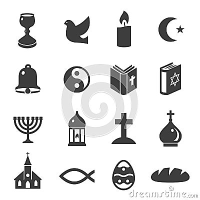 World religious symbols black icons set isolated on white. Christianity, islam, judaism, taoism. Vector Illustration