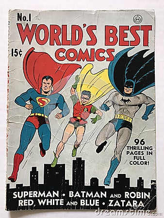 1941 World`s Best Comics Comic Book with Superman, Batman and Robin. Editorial Stock Photo