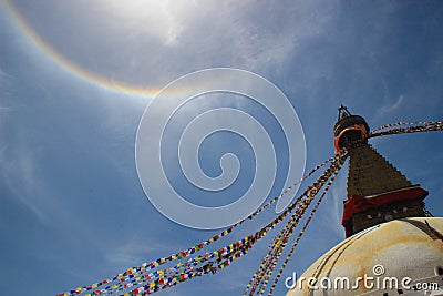 The world`s largest Buddhist stupa Boudhanath in Kathmandu. The main temple of the Buddhists. The roof of the temple with Tibeta Editorial Stock Photo