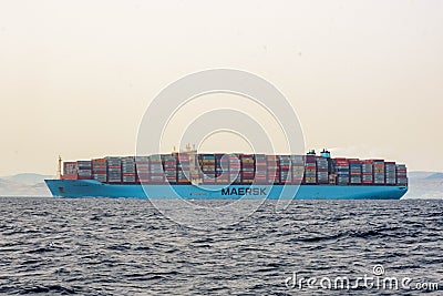 World`s largest cargo ship crossing the Strait of Gibraltar Editorial Stock Photo