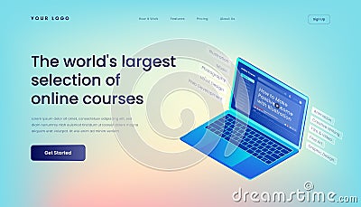 The world's largest selection of online courses Landing Page Template with Gradient Background and Isometric 3d Vector Illustration