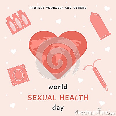 World Sexual Health Day Greeting Card. Contraception products and world map in heart. Contraceptive methods. Birth Vector Illustration