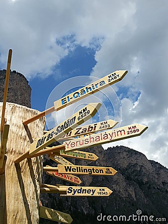 World signs in a pole in Dolomiti mountains Stock Photo