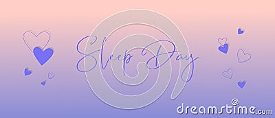 World sleep day banner with hearts, horizontal violet purple background. Cartoon Illustration