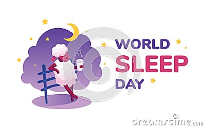 World Sleep Day banner, postcard with resting dream sheep and text. Vector illustration for international holiday. Vector Illustration