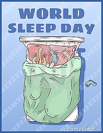 World Sleep Day. International holiday postcard. Space for text. Girl sleeping peacefully in her bed Vector Illustration