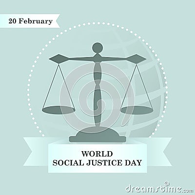 World Social Justice Day, lawyer scales and ribbon or law service logo, emblem, attorney at law sign Vector Illustration
