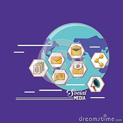World social media technology communication icons hexagon shape Vector Illustration