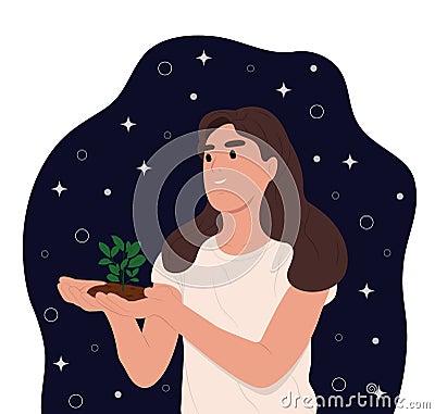 World Soil Day is held annually on December 5. The girl is holding a green plant in her hands. Forest restoration Vector Illustration