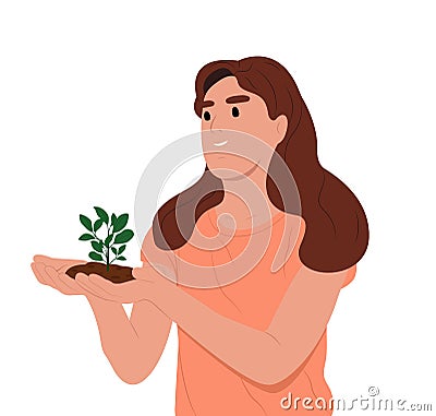 World Soil Day is held annually on December 5. The girl is holding a green plant in her hands. Forest restoration Vector Illustration
