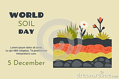 World soil day. Various ground cross layers. Natural soil, sand, stony soil, clay, underground, plants, flowers. Environment Vector Illustration