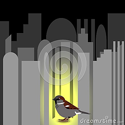 World Sparrow Day. Sparrow on the background of the cityscape and blue rays Stock Photo