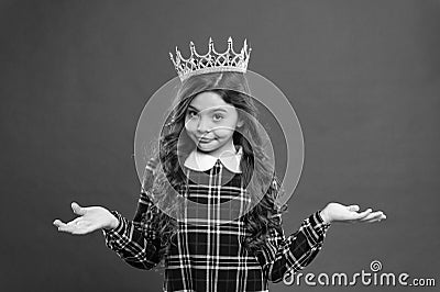 World spinning around me. Kid wear golden crown symbol princess. Every girl dreaming become princess. Lady little Stock Photo