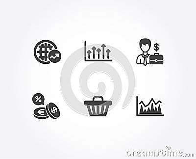 World statistics, Businessman case and Growth chart icons. Currency exchange, Shop cart and Investment signs. Vector Illustration