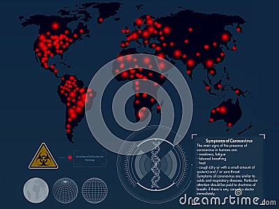 World statistics on the distribution of coronavirus, a virtual digital panel showing the covid-19 infection by country on the map Stock Photo