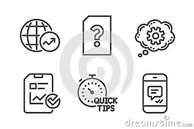 World statistics, Report checklist and Cogwheel icons set. Unknown file, Quick tips and Message signs. Vector Vector Illustration