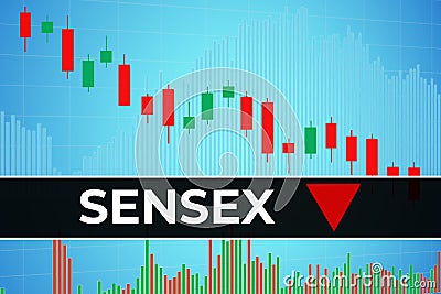 World stock market index BSE Sensex ticker BSESN on blue financial background from graphs, pillars, candles, arrow. Trend Down, Stock Photo